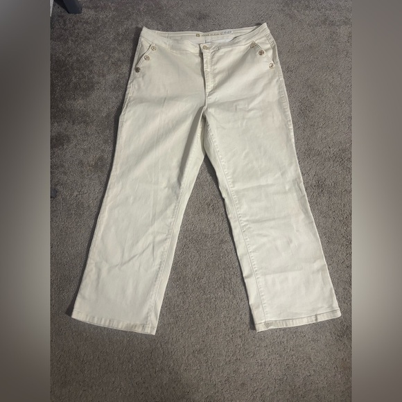 Anne Klein Denim - Anne Klein Pants Women White Cream Gold Button AK High Rise Trouser Size 16
